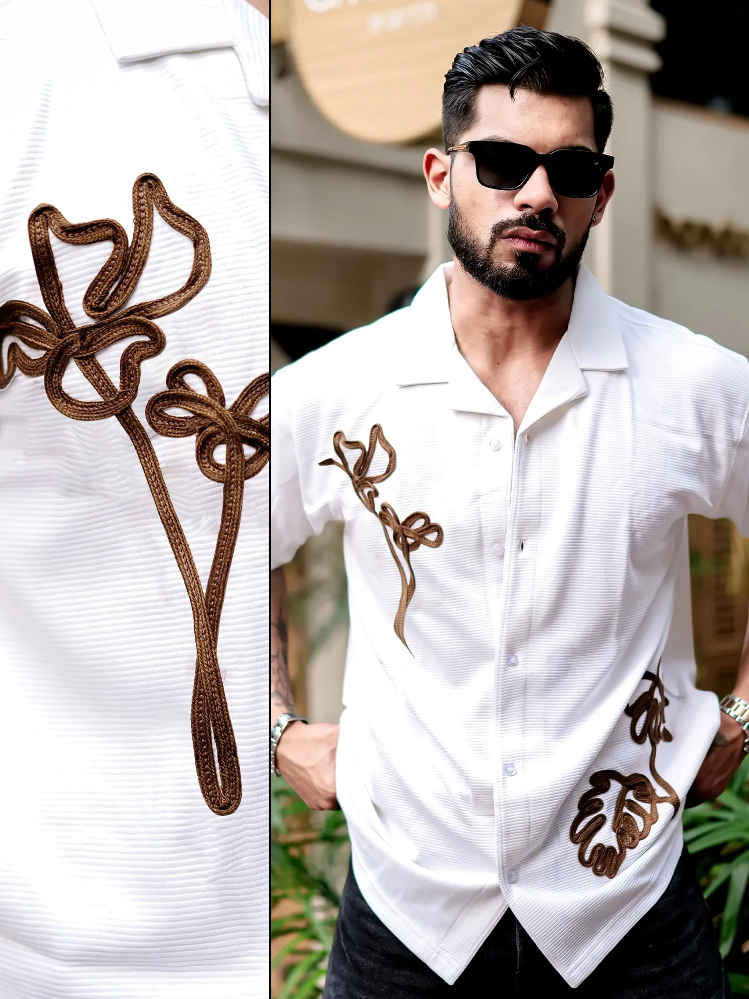 Leaf Embroidery Half White Cotton Shirt