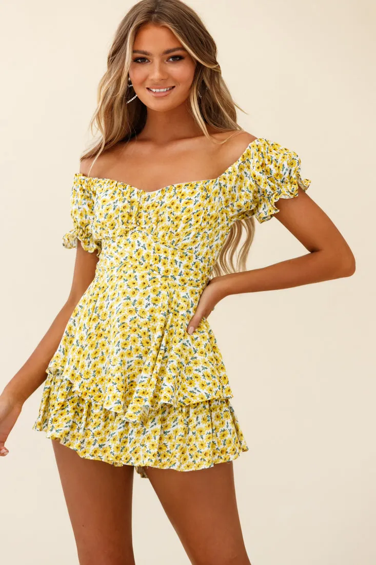 Linka Off-Shoulder Tie Back Romper Sunflower Print Yellow