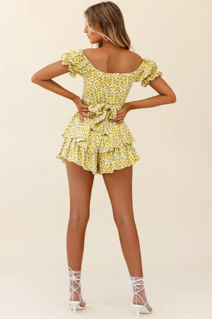 Linka Off-Shoulder Tie Back Romper Sunflower Print Yellow