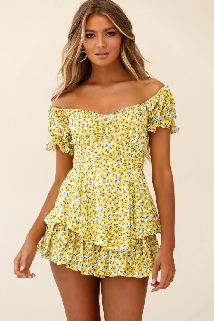 Linka Off-Shoulder Tie Back Romper Sunflower Print Yellow