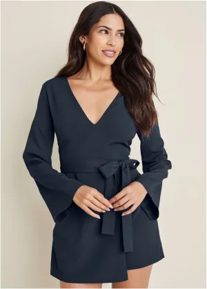 Long-Sleeve Skort Romper - Navy