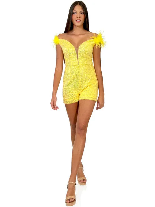 Marc Defang 8252 Size 4 Yellow Short Sequin Pageant Romper off the shoulder feather v neck fun fashion