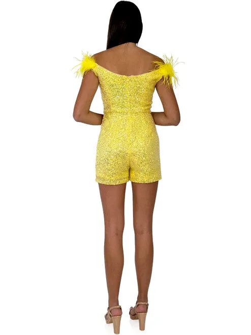 Marc Defang 8252 Size 4 Yellow Short Sequin Pageant Romper off the shoulder feather v neck fun fashion