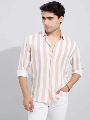 Men's Beige & White Striped Slim Fit Shirt