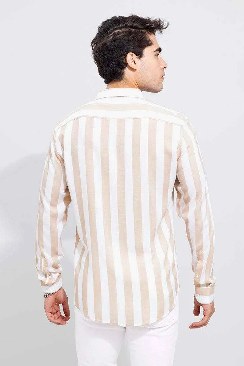 Men's Beige & White Striped Slim Fit Shirt