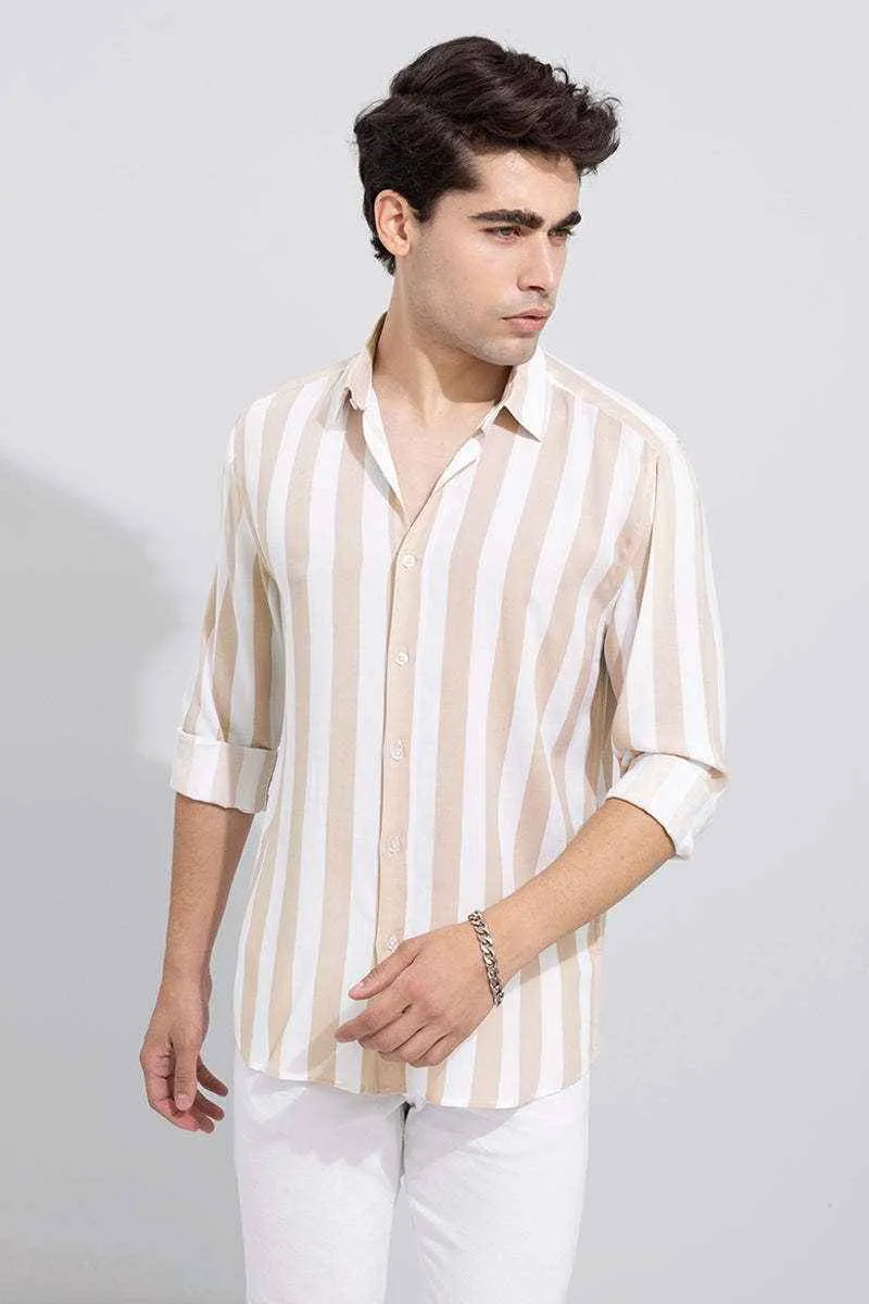 Men's Beige & White Striped Slim Fit Shirt