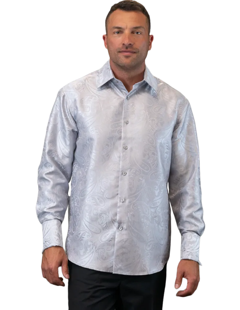 Men's Silver Casual Long Sleeve Shirt With Cufflink Regular-Fit