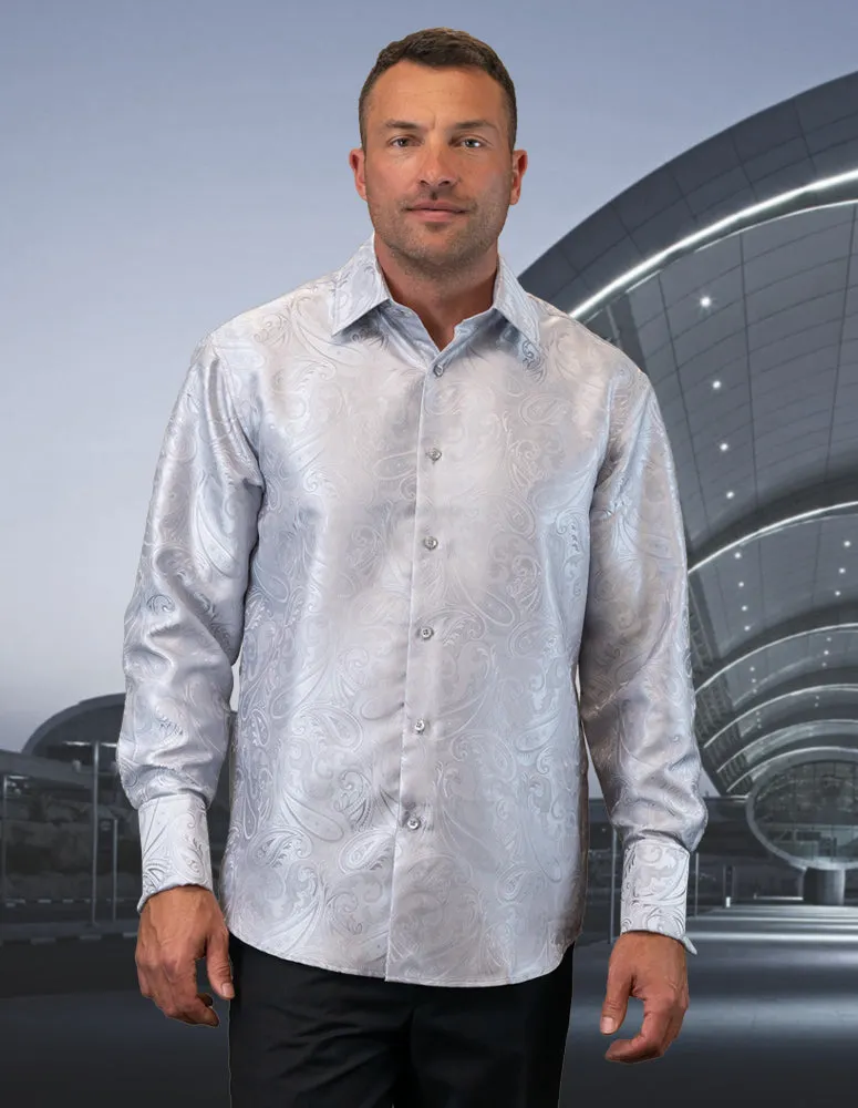 Men's Silver Casual Long Sleeve Shirt With Cufflink Regular-Fit