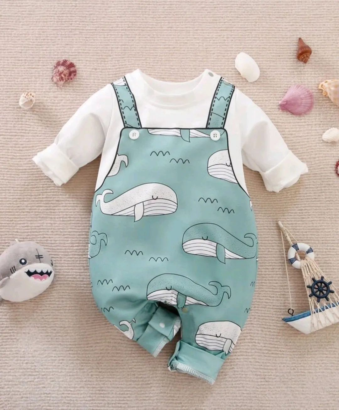 Mint Green Whale 2 in 1 Romper Long Sleeve #2009