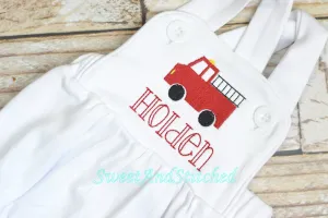 Monogrammed Boys firetruck outfit, fire truck cake smash outfit, baby boy truck sunsuit bubble, firetruck birthday outfit, boys truck romper