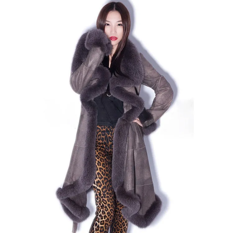 Natural Sheep Fur Coat Double Faced Overcoat Fox Fur Collar Trim Leather