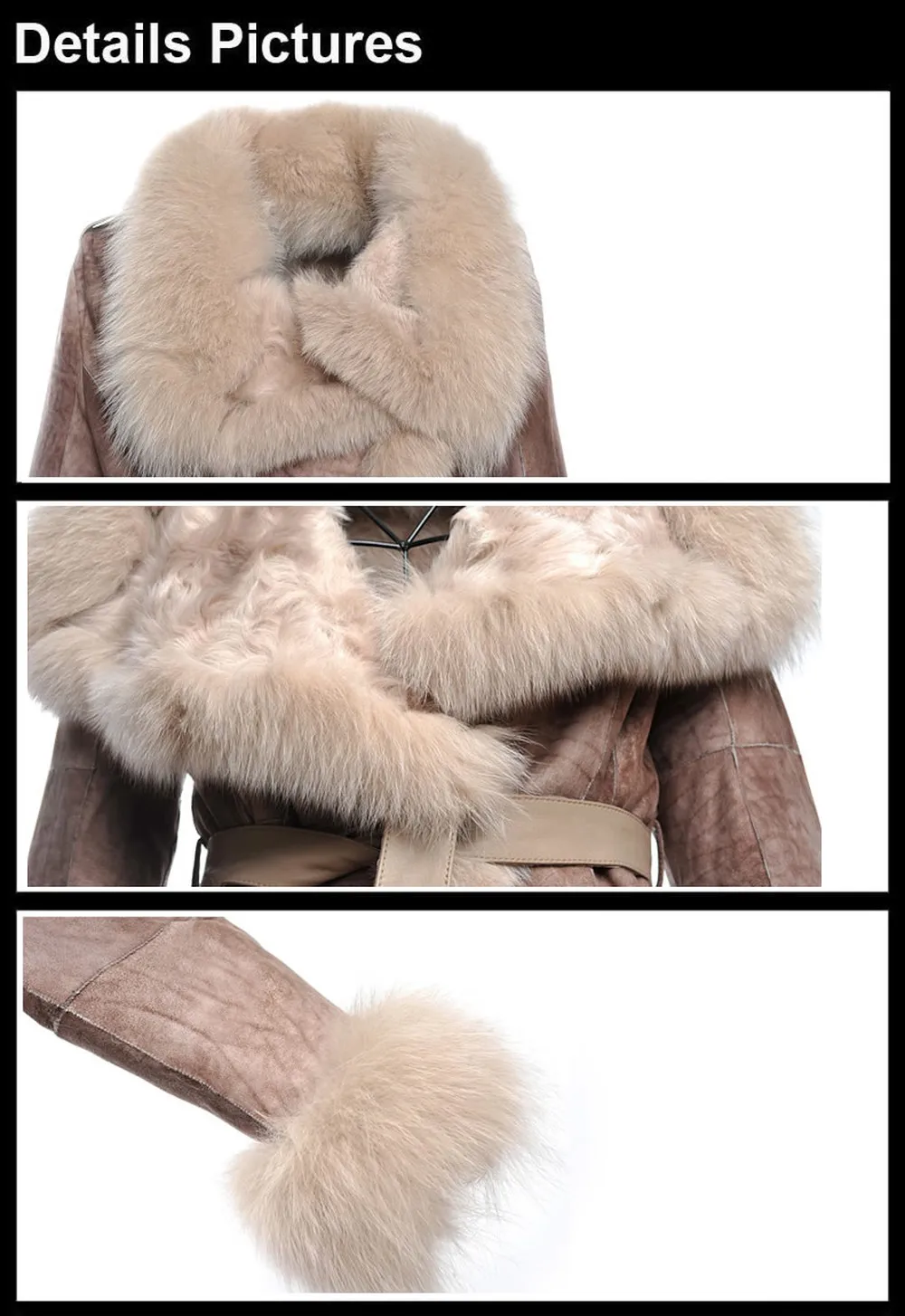 Natural Sheep Fur Coat Double Faced Overcoat Fox Fur Collar Trim Leather