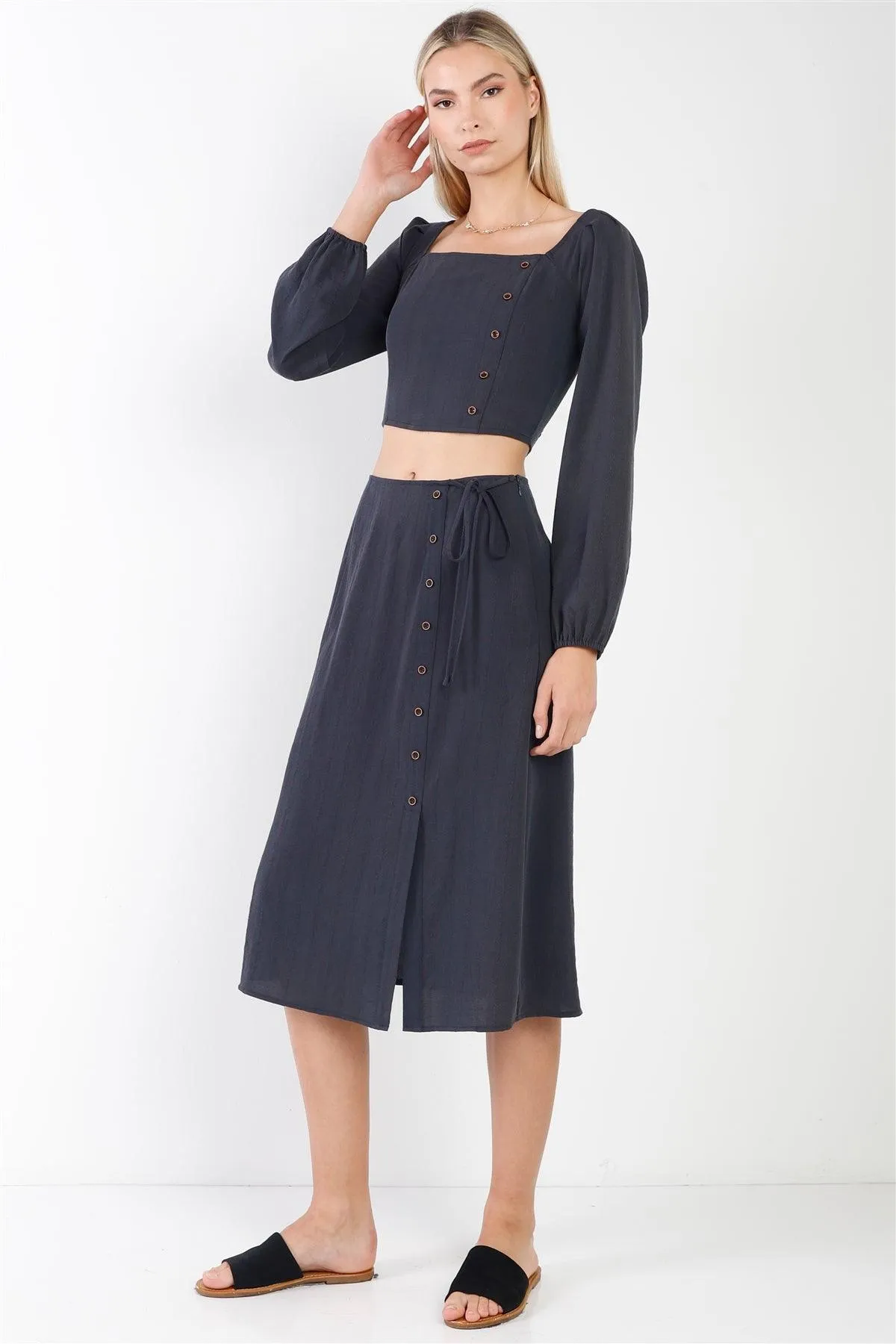 Navy Side Button Square Neck Crop Top & Midi Chic Skirt Set/2-2-2