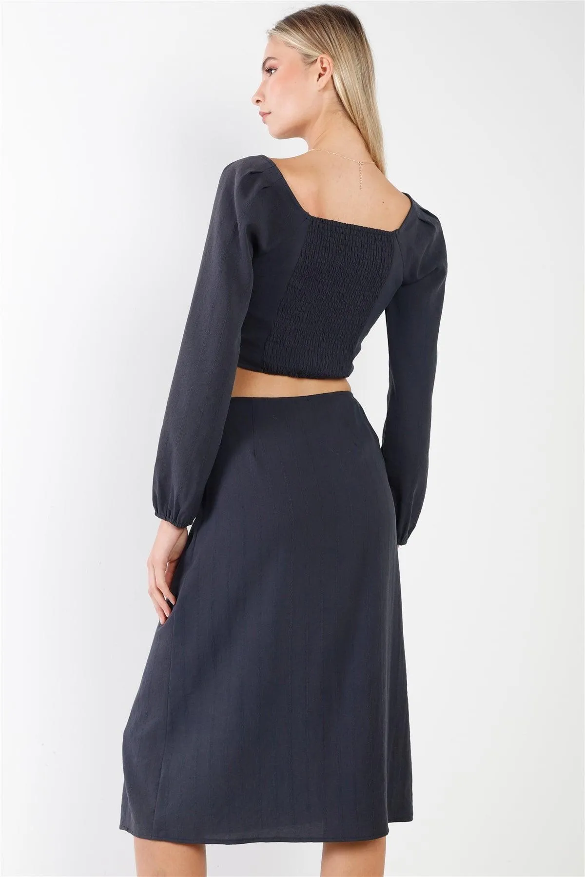 Navy Side Button Square Neck Crop Top & Midi Chic Skirt Set/2-2-2