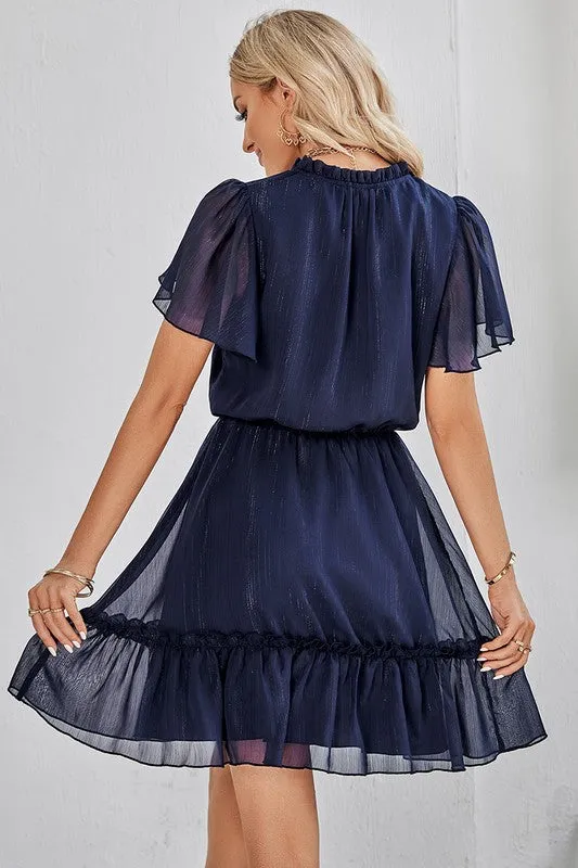 Navy V Neck Chiffon Dress