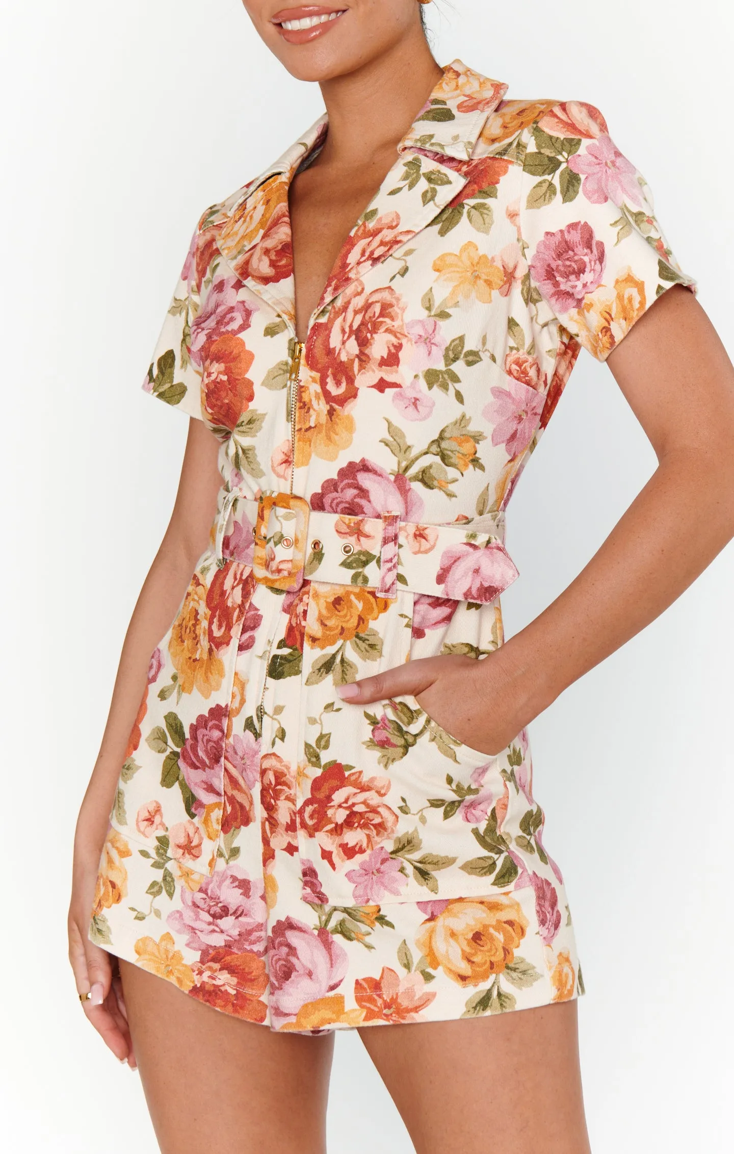 Outlaw Romper ~ Ivory Hillside Floral Denim