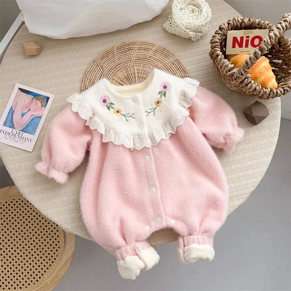 Pastel Embroidered Floral Long Sleeve Romper for Baby Girls