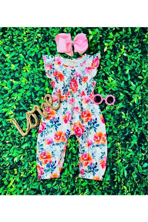 Pink & orange floral smocked baby jumpsuit/romper XCH0999-19H