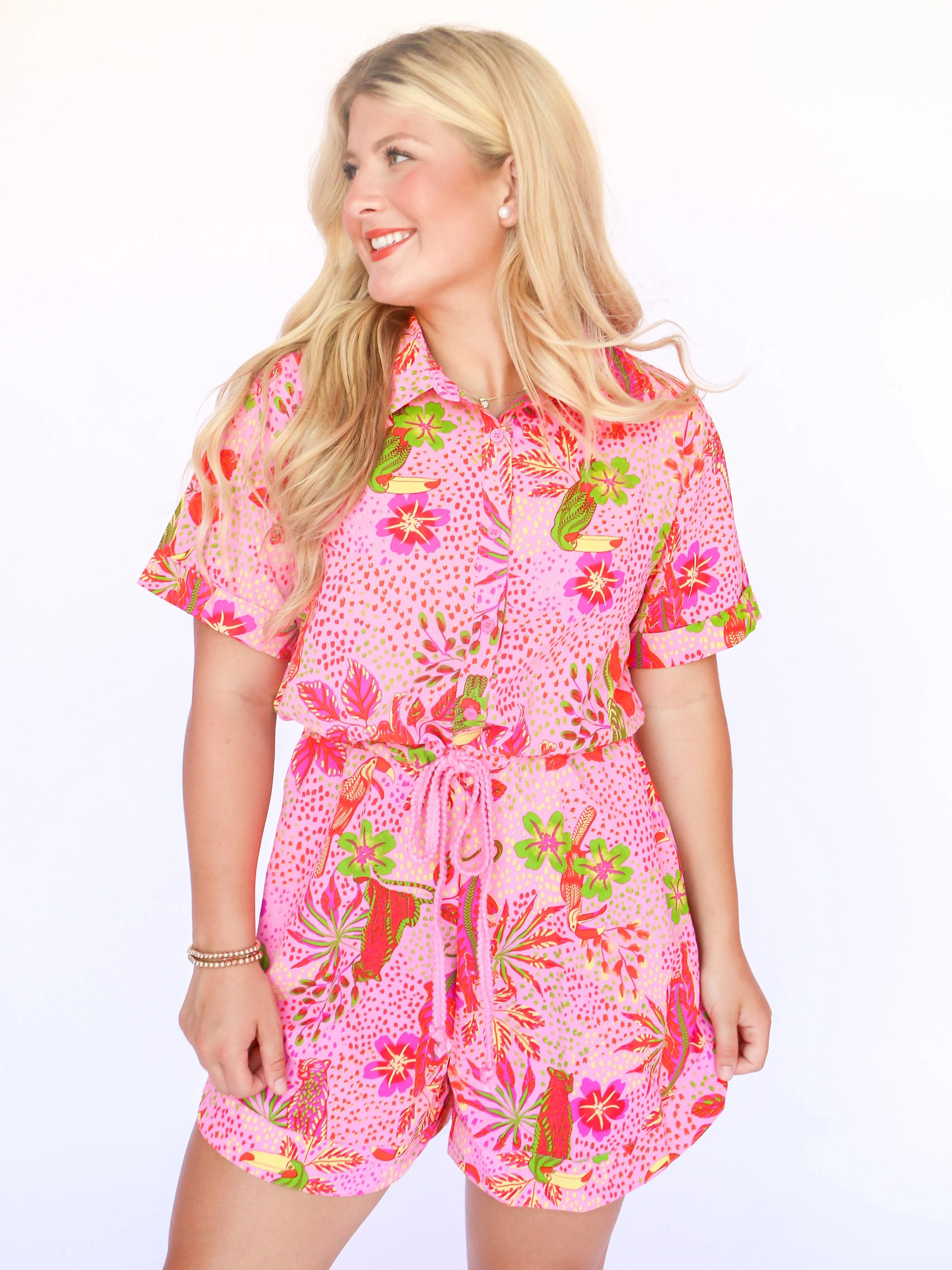 Pink Print Button-Up Romper