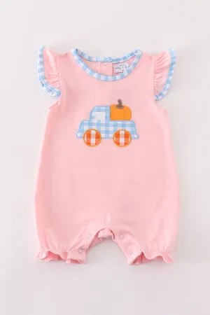 Pink truck pumpkin embroidery girl romper