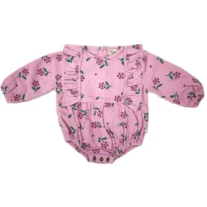 Piupiuchick Pink Corduroy W/ Flowers Allover Long Sleeve Romper