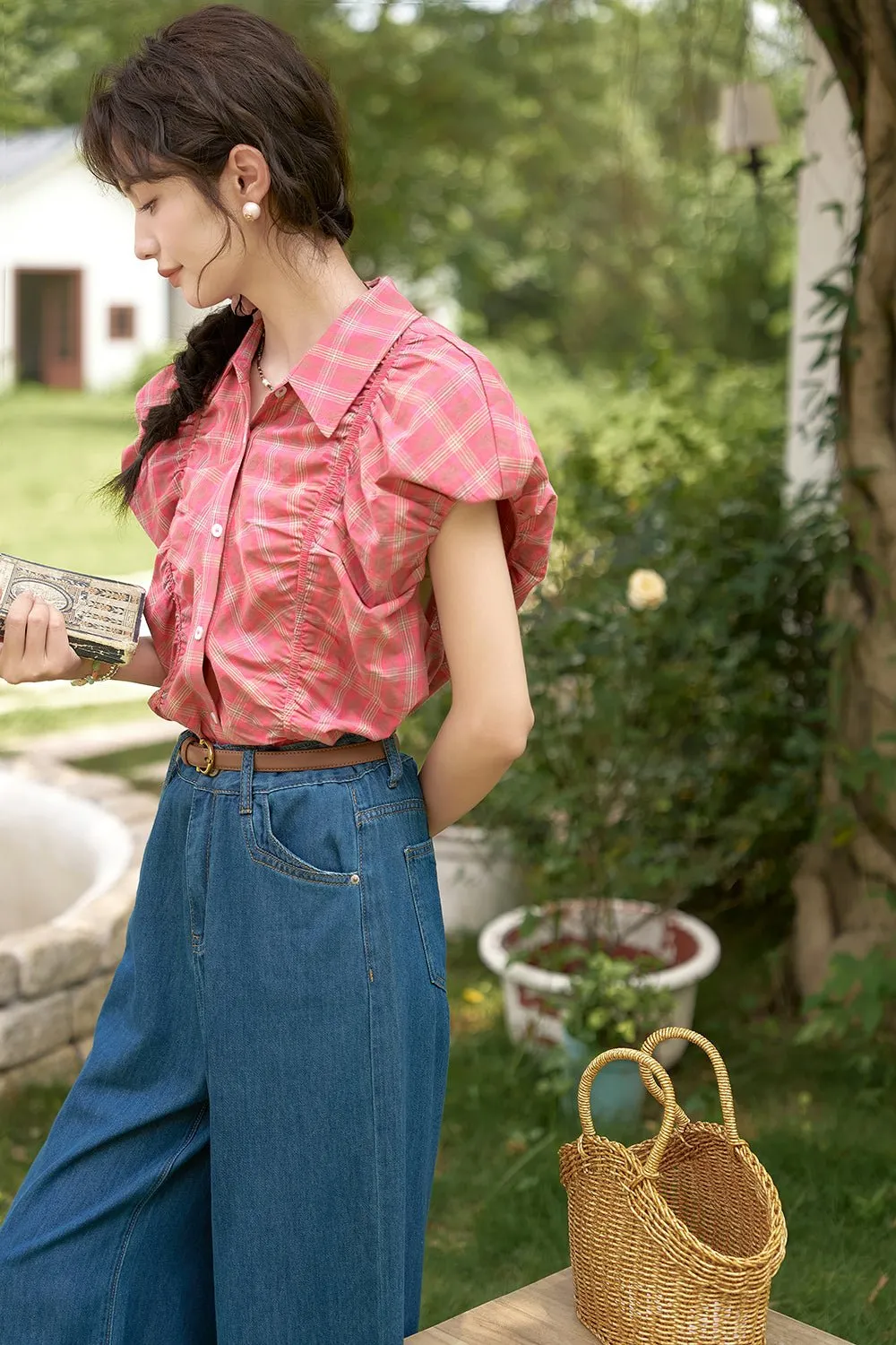 Plaid Puff Sleeve Shirt for Women