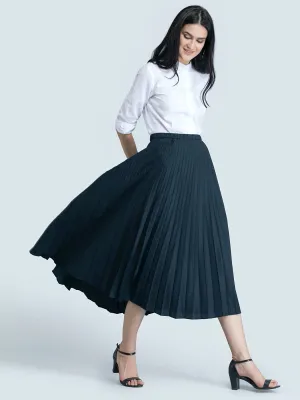 Pleated Flared Midi Skirt - Black