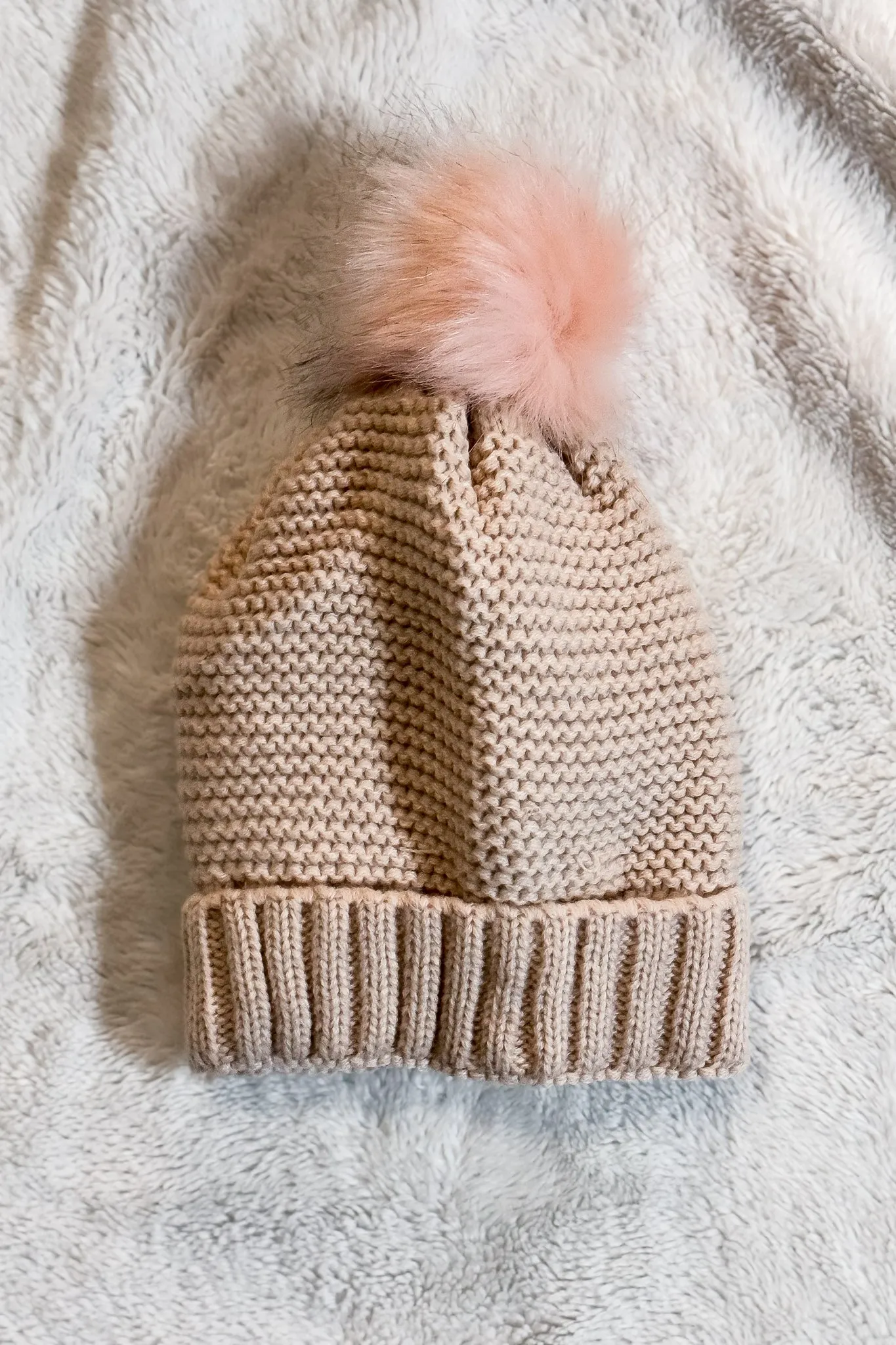 Pom Beanie in Pink with Faux Sherpa Lining