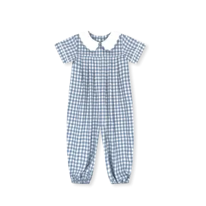 Precious Pleated Romper - Stone Blue Check