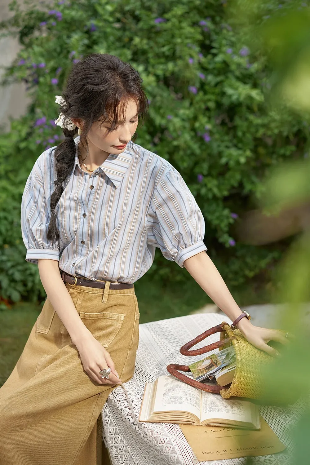 Puff Sleeve Stripe Shirt for Women