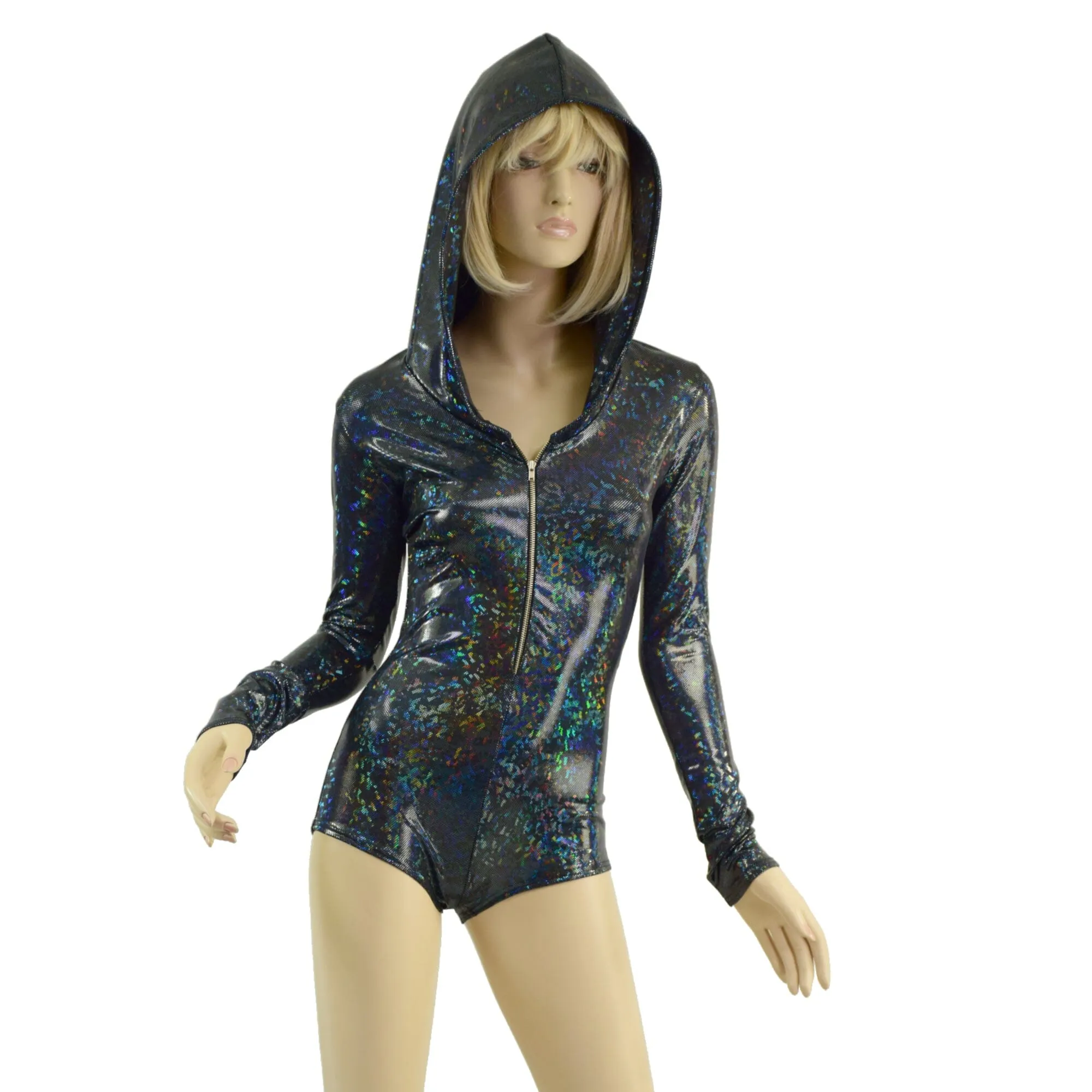 Ready to Ship Black Kaleidoscope Hooded Romper with Silver Front Zipper, Long Sleeves & Boy Cut Leg Medium