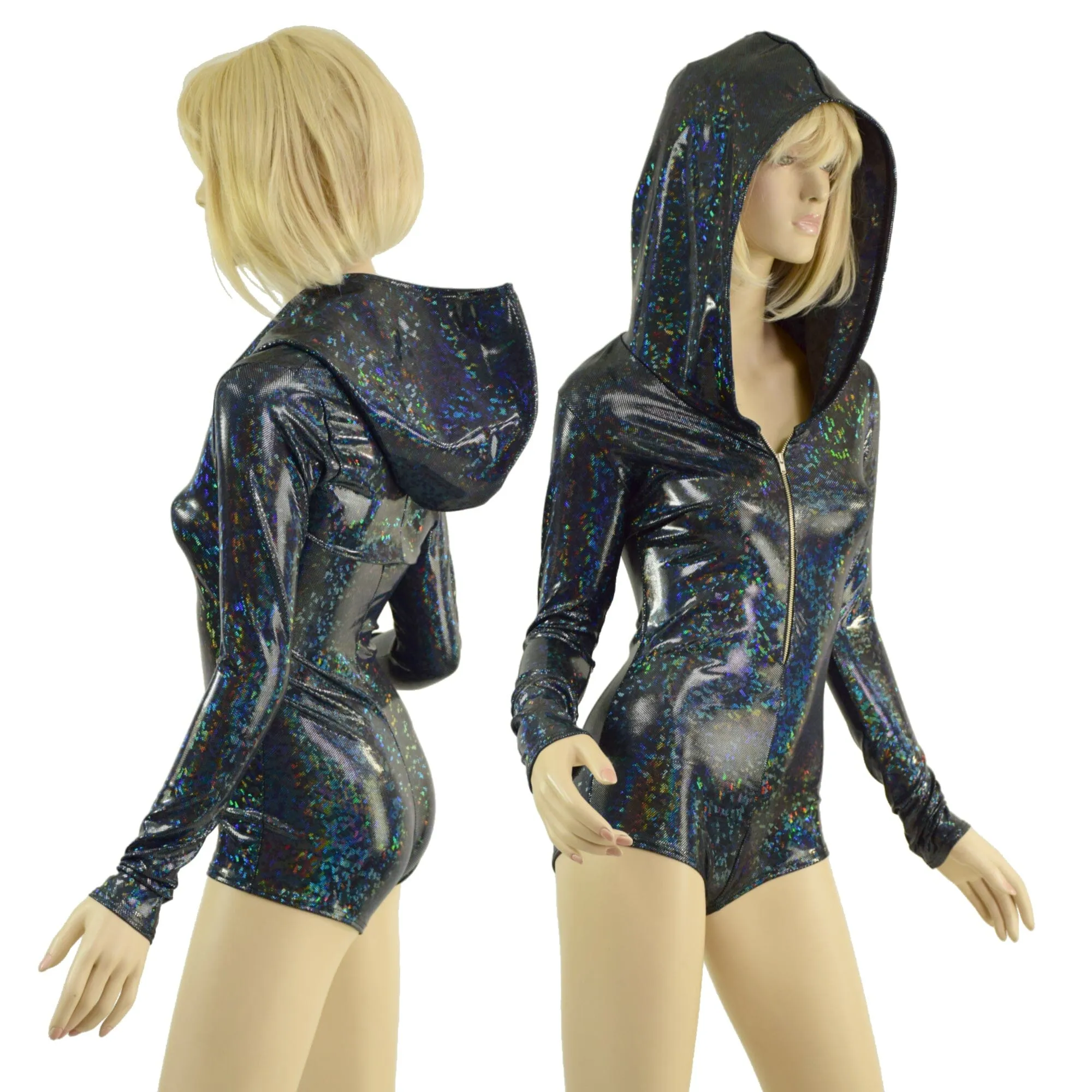 Ready to Ship Black Kaleidoscope Hooded Romper with Silver Front Zipper, Long Sleeves & Boy Cut Leg Medium