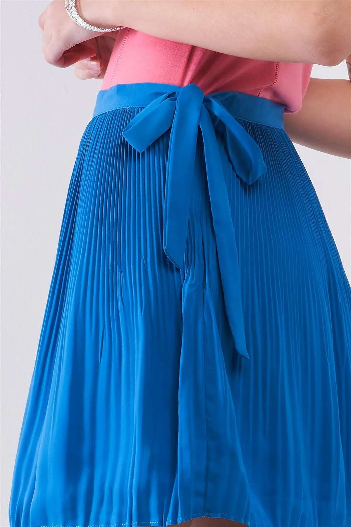 Sapphire Blue Pleated Side Self-Tie Bow Detail High Waist Flare Mini Skirt /1-2-2-1