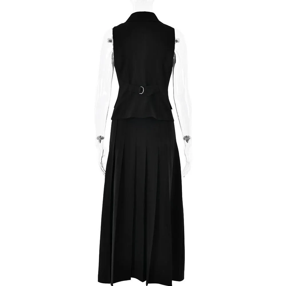 Sleeveless turnover collar button pleated maxi skirt set