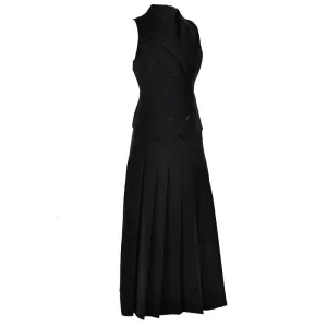 Sleeveless turnover collar button pleated maxi skirt set