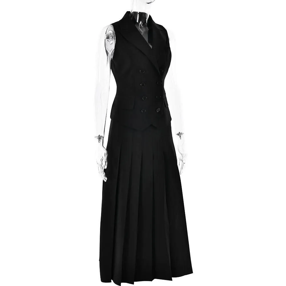 Sleeveless turnover collar button pleated maxi skirt set