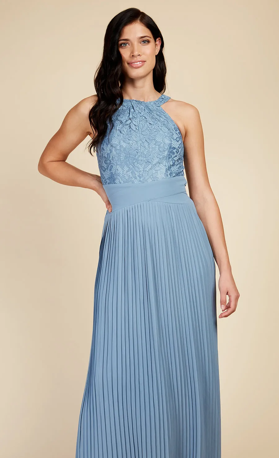 Steel Blue Lace And Pleated Hem Maxi Dress