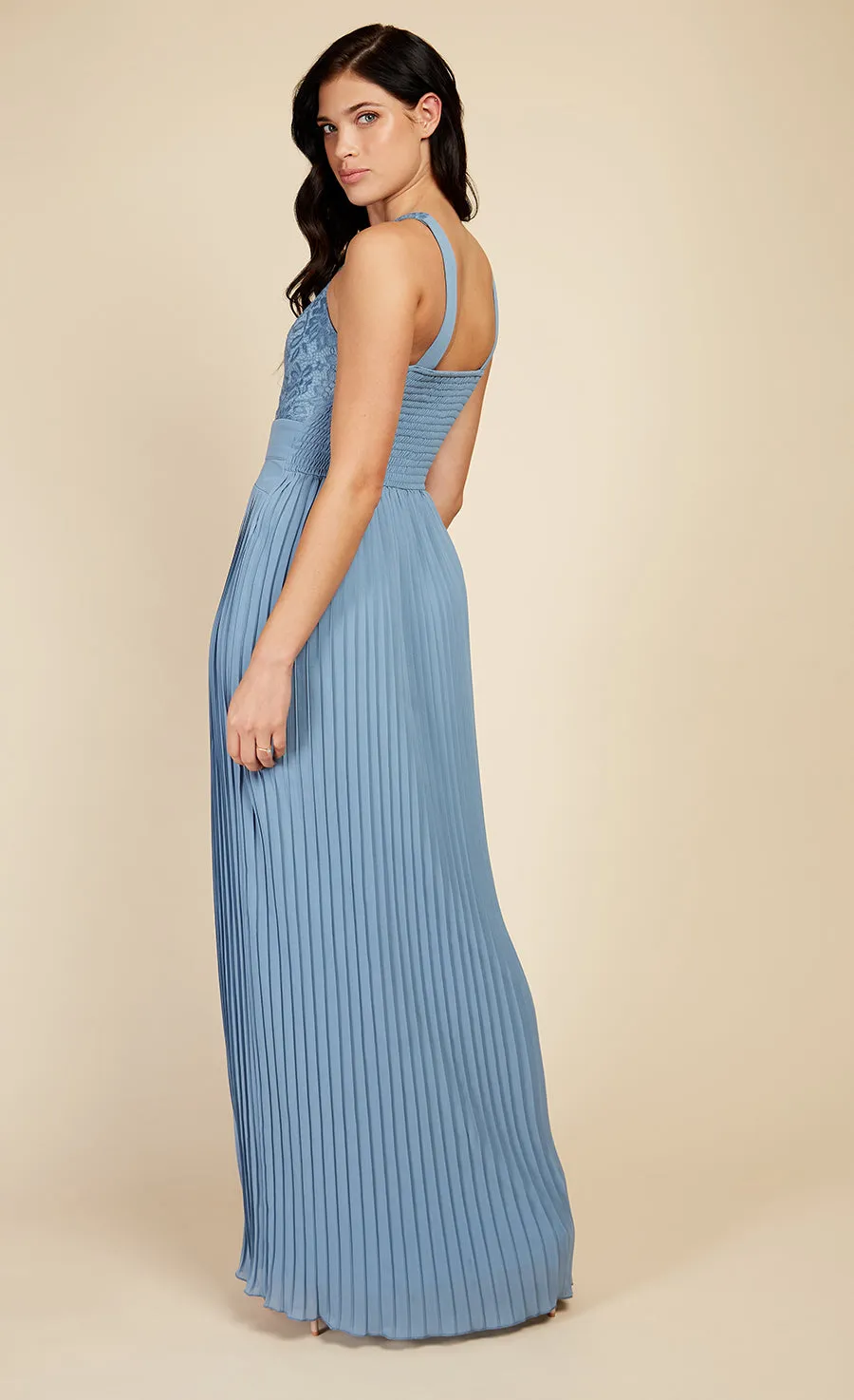 Steel Blue Lace And Pleated Hem Maxi Dress