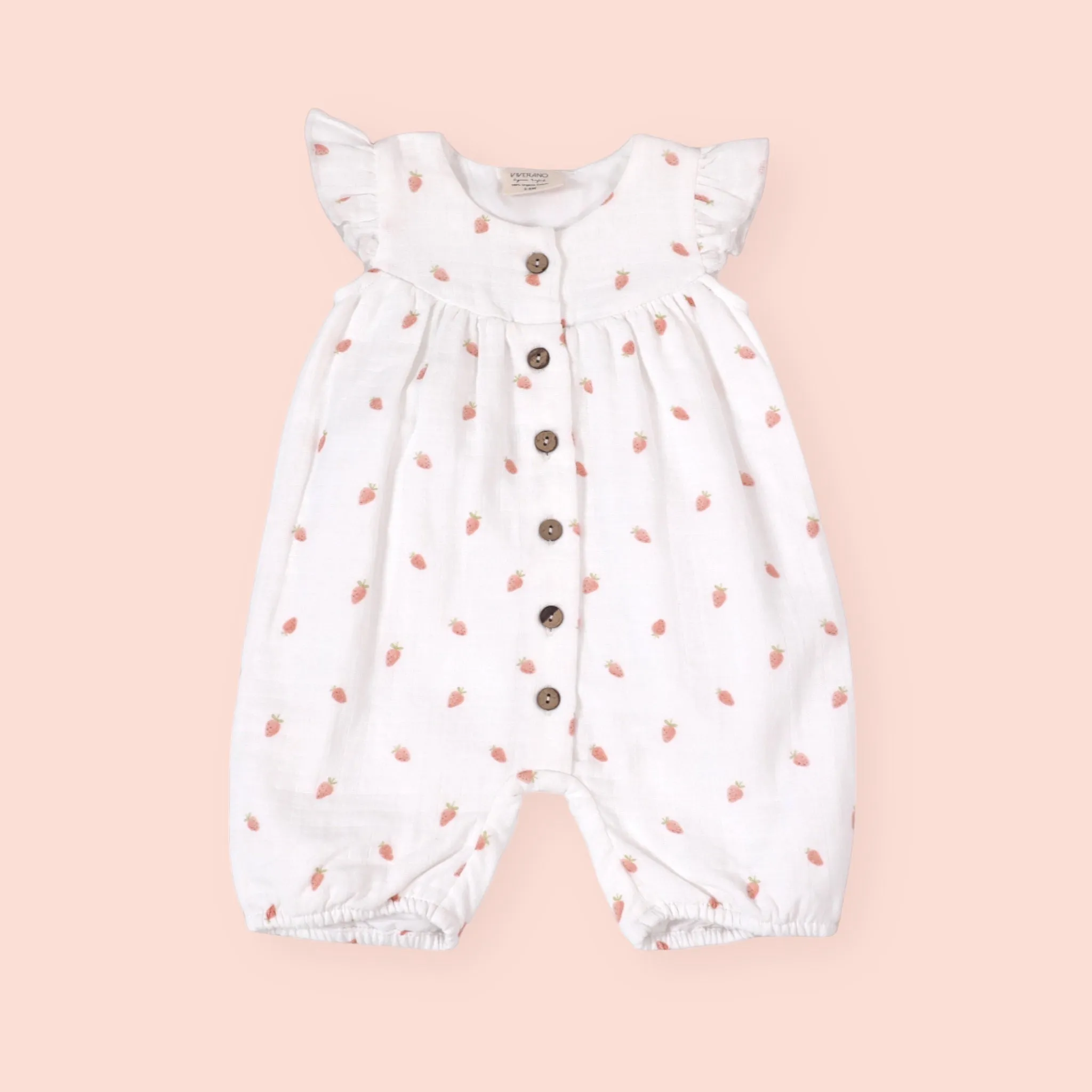 Strawberry Ruffle Button Short Baby Romper (Organic Muslin)