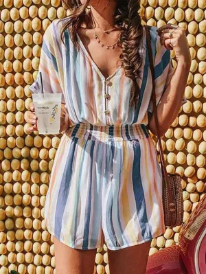 Striped V-Neck Buckle Short Sleeve Jumpsuit