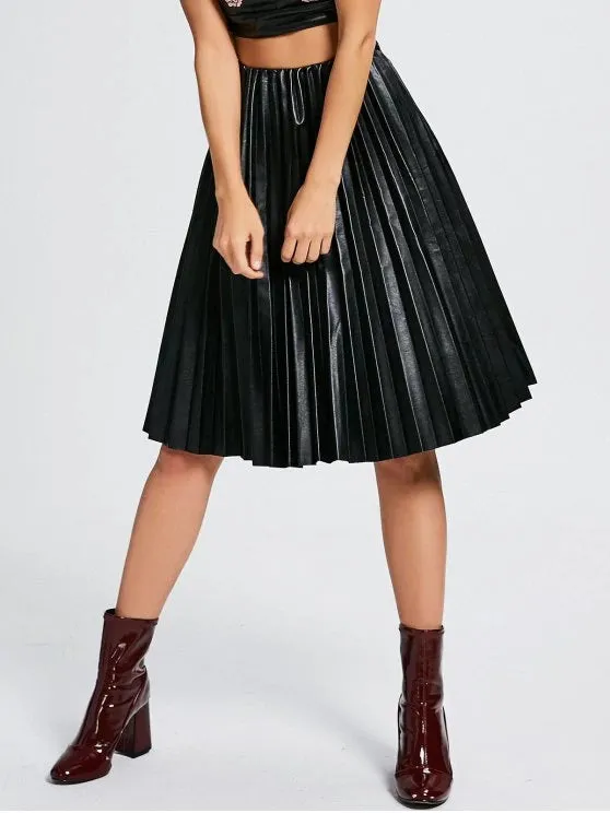 Trendy High Waist Pleated Faux Leather Skirt