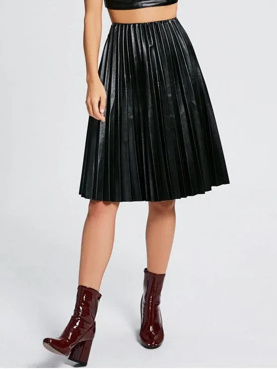 Trendy High Waist Pleated Faux Leather Skirt