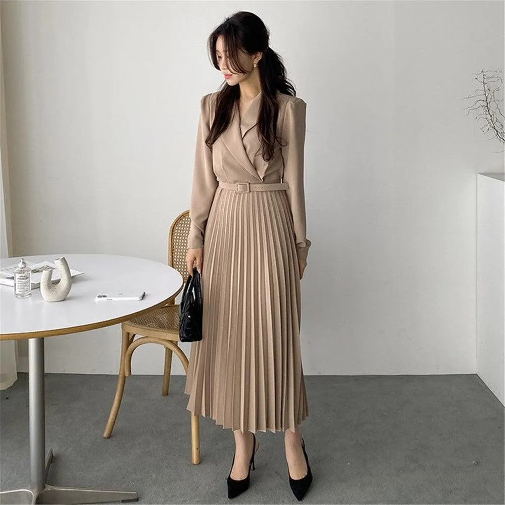 Waist Slimming Suit Tie Long Sleeve Pleated Dress