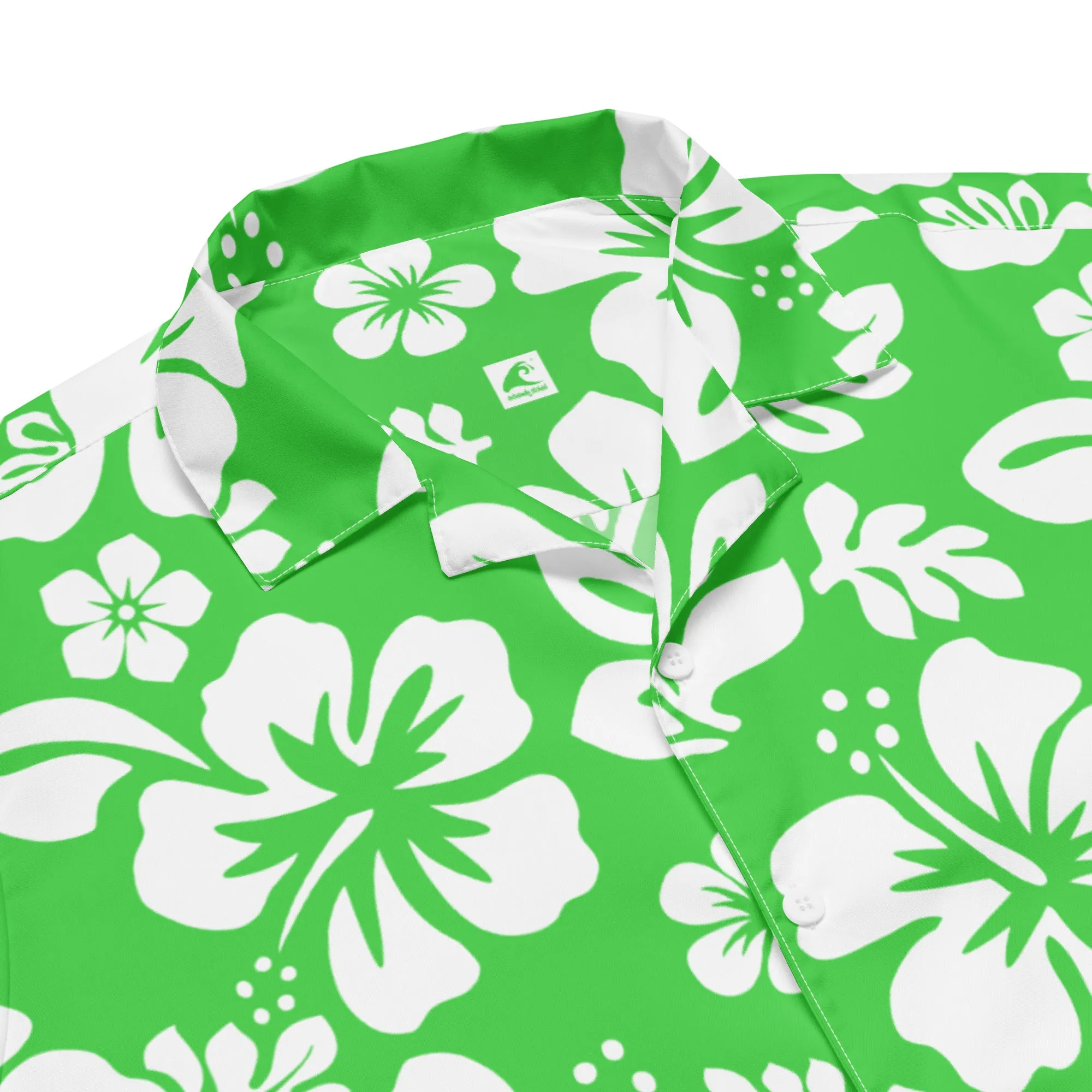 White and Lime Green Hawaiian Print Aloha Shirt