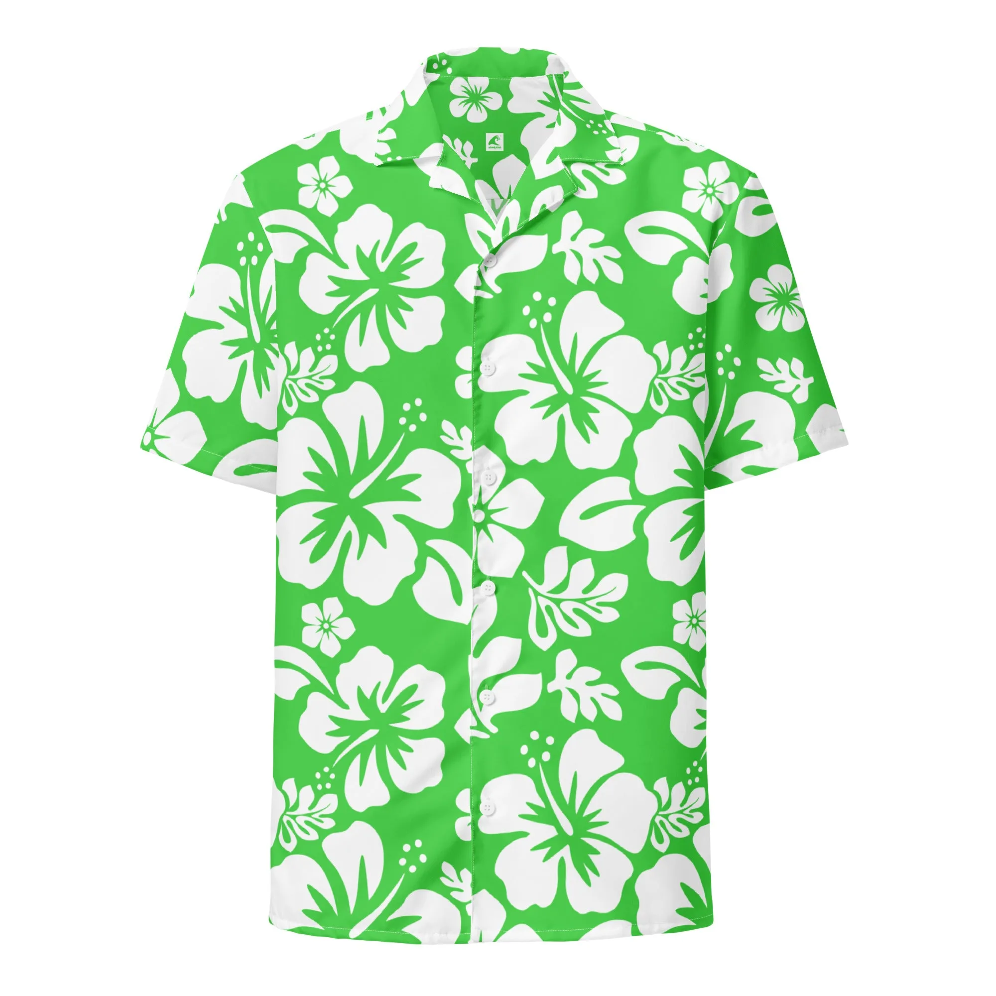 White and Lime Green Hawaiian Print Aloha Shirt