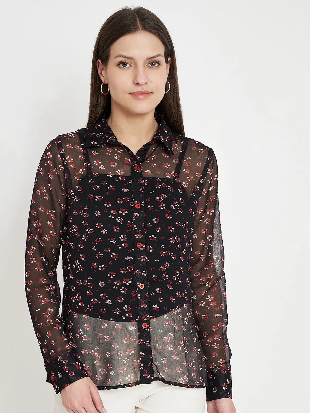 Women Classic Black Semi Sheer Printed Floral Print Shirt