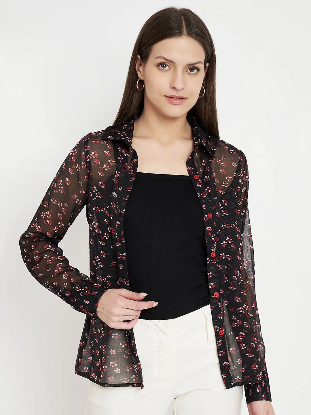 Women Classic Black Semi Sheer Printed Floral Print Shirt