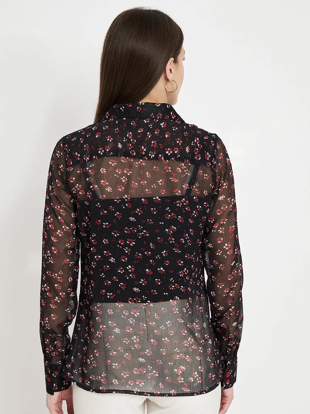 Women Classic Black Semi Sheer Printed Floral Print Shirt