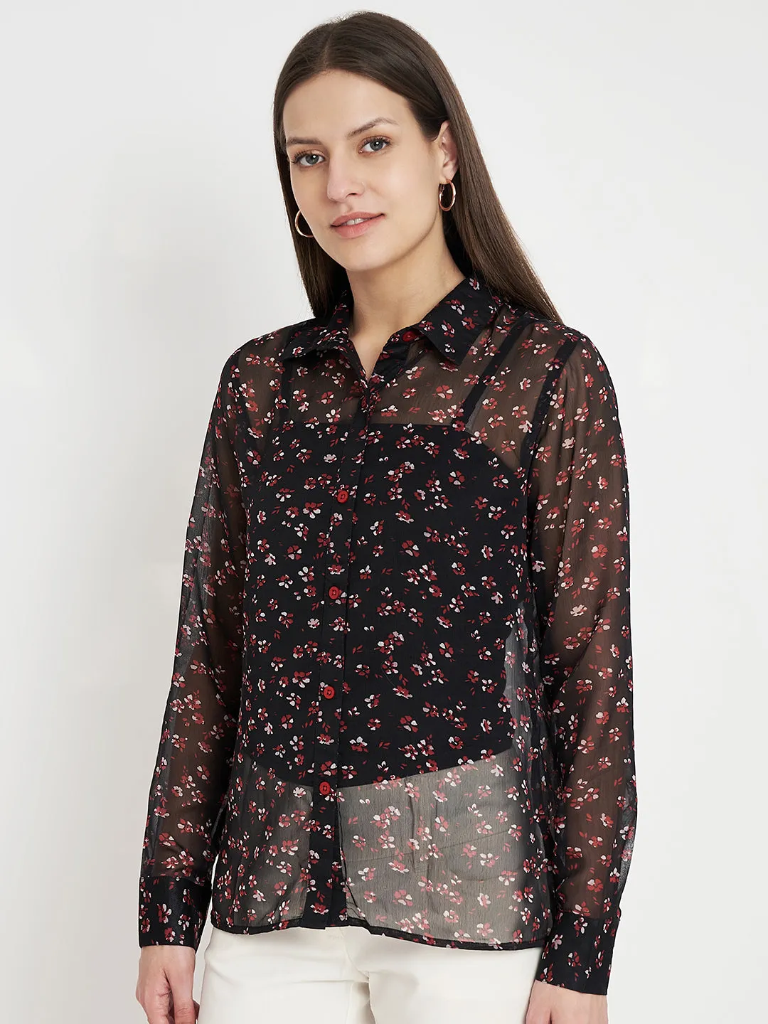 Women Classic Black Semi Sheer Printed Floral Print Shirt