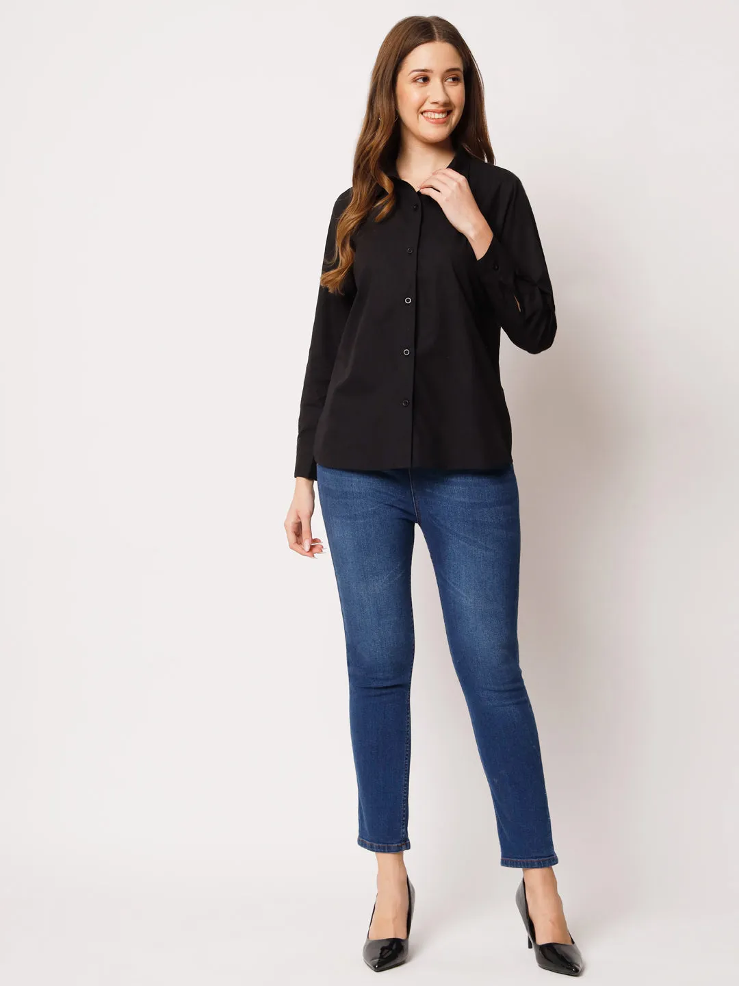 Women Classic Pure Cotton Gapless Technology Black Shirt